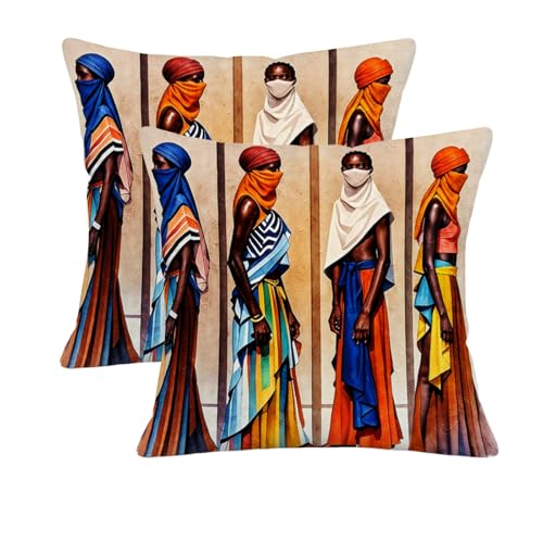 African Tribal Women Pillow Covers 18x18 Inches - Set of 2