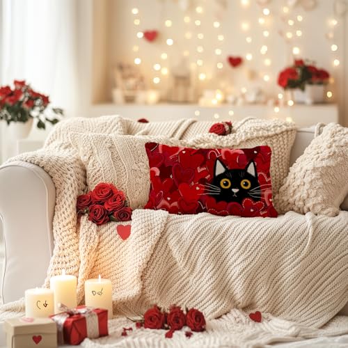 Valentine's Day Cat Pillow Cover - 12x20 Inch Red Heart Decor