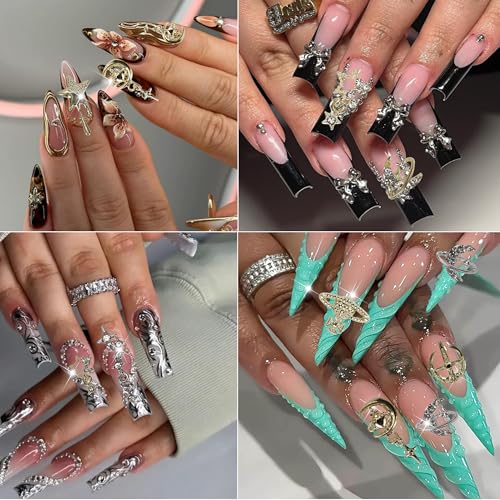 COOSLIM 60PCS Gold Nail Charms 3D Y2K Star Saturn Nail Rhinestone Gems