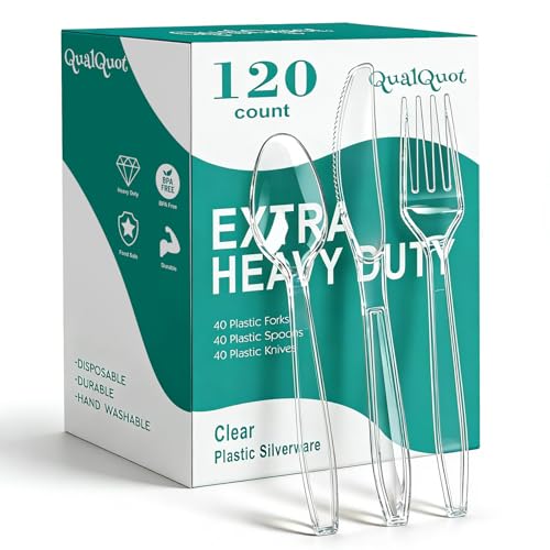 QualQuot 120-Piece Extra Heavy Duty Clear Plastic Silverware Set