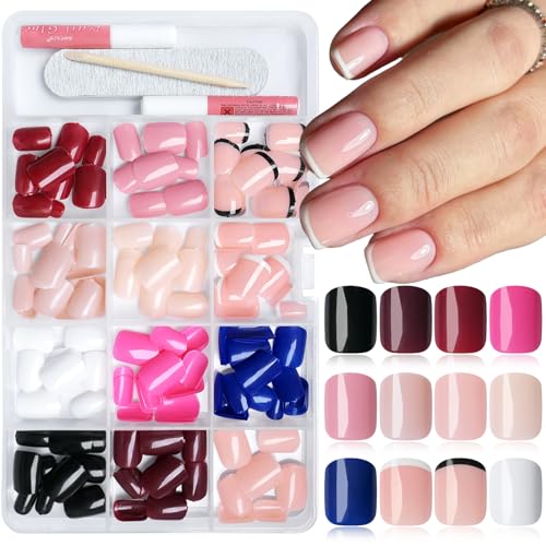 Bellelfin Short Square Press on Nails Kit - 288Pcs Glossy French Fake Nails