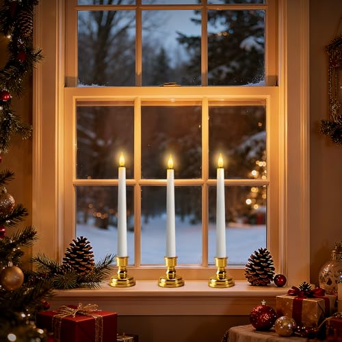 White Flameless Window Candles with Gold Holders Remote Timer - Christmas Decor