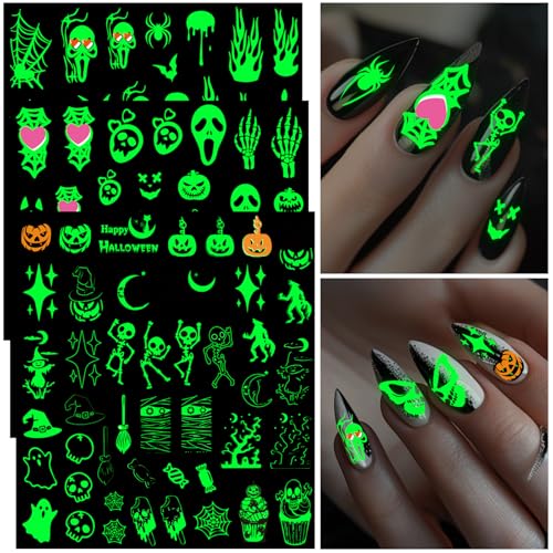Glow in the Dark Halloween Nail Art Stickers, 9 Sheets Self-Adhesive Decals