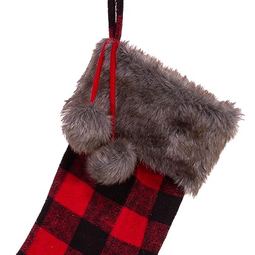 Fabric Holiday Stocking with Faux Fur Cuff - 21 Inches Red and Black Plaid