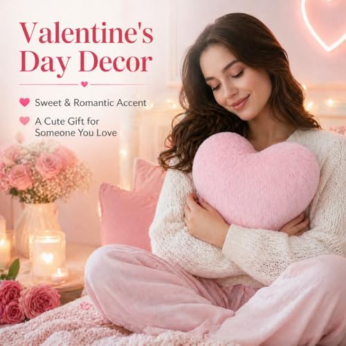 RAINFLOW Pink Faux Fur Heart Shaped Throw Pillow - Plush Room Decor