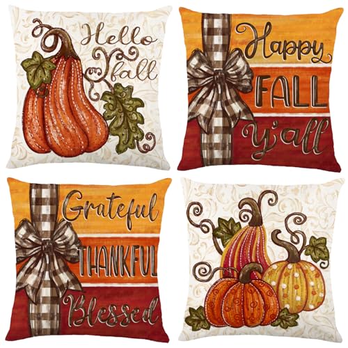 Set of 4 Fall Pumpkin Throw Pillow Covers 18x18in