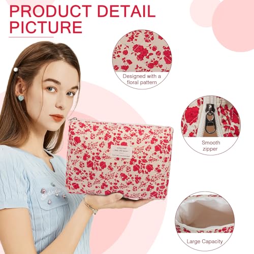 Gosect 2PC Floral Makeup Bag Set Cute Cotton Toiletry Organizer