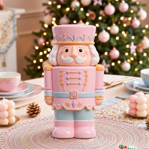 Pink Christmas Nutcracker Cookie Jar - 12 Inch Ceramic Holiday Storage Container