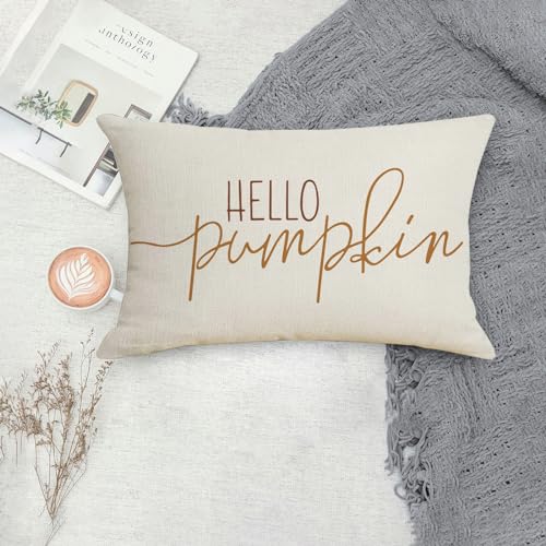 Hello Pumpkin Fall Lumbar Pillow Cover 12x20 Linen Autumn Decor