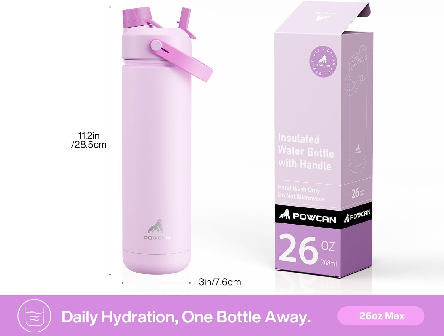 POWCAN 26 oz Insulated Water Bottle - 2-in-1 Straw & Spout Lid, Leak-Proof, Fits Car Cup Holder | Cherry Pop