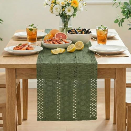 Army Green Woven Farmhouse Table Runner 12x108 Inch - Durable Polyester Cotton