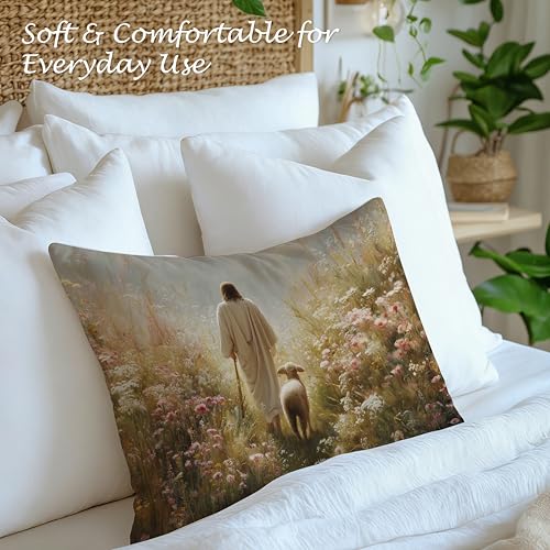 Jesus and Lamb Lumbar Pillow Cover 12x20, Soft Flannel Christian Decor