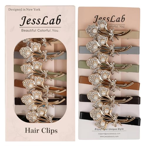 JessLab PU Leather Rhinestone Hair Barrettes, 6 Pcs Matte Leaf Clips