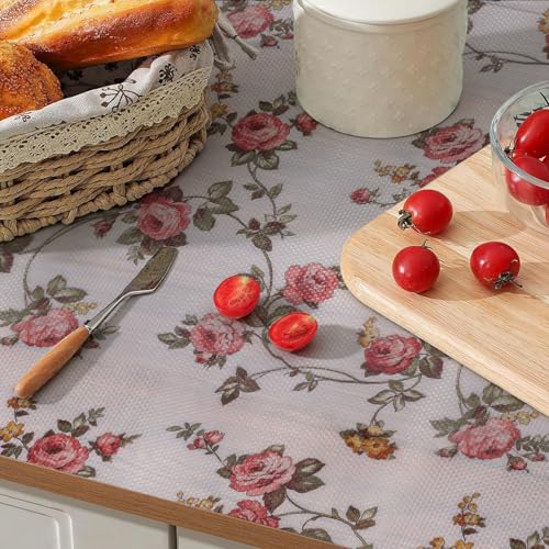 Tnjedigha Rose Floral Non-Adhesive Shelf Liner, 11.8" x 118.1" Cabinet Roll