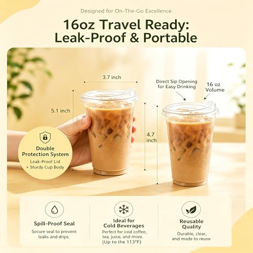16oz Clear Plastic Cups with Strawless Sip Lids - 25 Sets for Cold Drinks