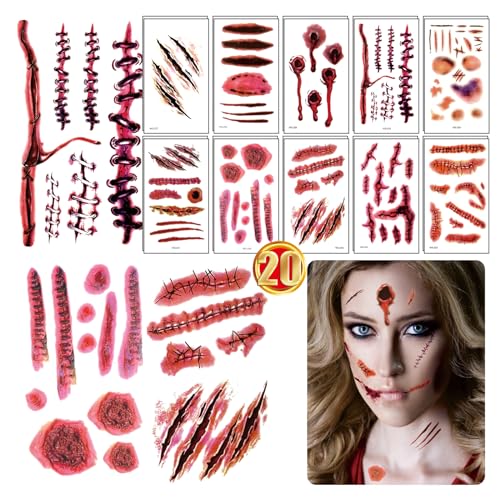 Halloween Temporary Scar Tattoos Waterproof Zombie Makeup Stickers 20 Sheets