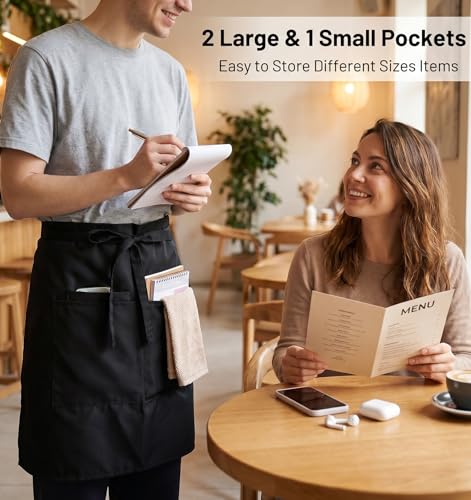 Black Waitress Server Apron with Pockets - Water Resistant Polyester