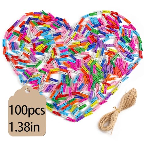 Colorful Mini Wooden Clothespins for Photos - 100pcs with Jute Twine