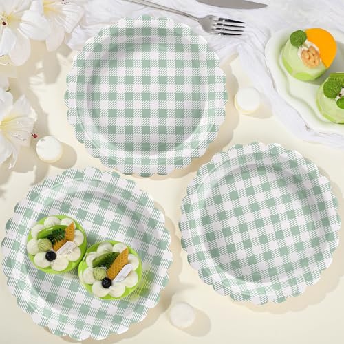 Sage Green Gingham Paper Plates, 30 Pack, 9 Inch, Scalloped