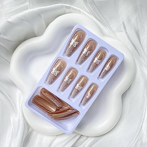 Press on Nails Long Coffin French Nude Pink Butterfly Fake Nails