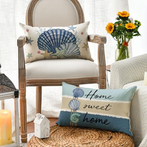 Summer Ocean Sea Shell Throw Pillow Covers Set of 4 - 12x20 Inches Home Decor