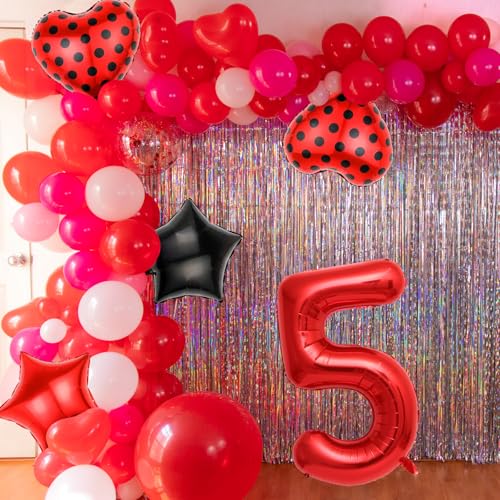 40-Inch Red Number 5 Balloon Set with Heart-Shaped Balloons