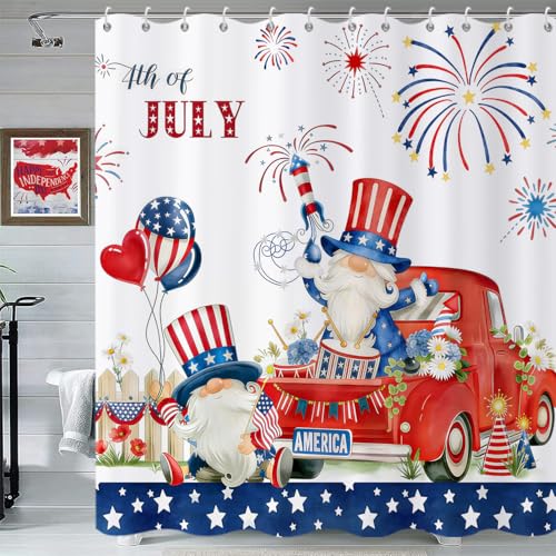 Caheansi 4th of July Gnomes Shower Curtain, Patriotic Red Blue Stars, 72x72 Inches, Pack of 1