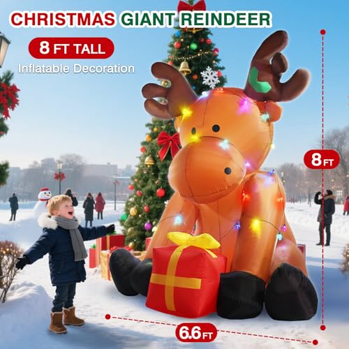 Giant Reindeer Inflatable Christmas Yard Decor with LED Lights - 8FT Outdoor Holiday Decoration