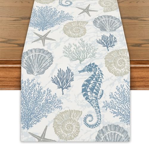 Coastal Beach Table Runner Nautical Sea Shell Starfish 13x72 Linen