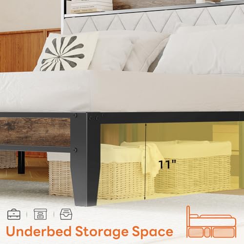 Sweetcrispy Queen Bed Frame with Headboard, Storage Headboard with USB Charging Station, Durable Squeak-Free Frame, Simple No-Tool Assembly,Works with Queen Mattress No Box Spring Needed