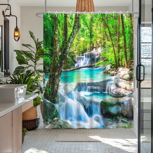 DORCEV Waterfall Forest Shower Curtain - 72x72 Inch Nature Landscape Print