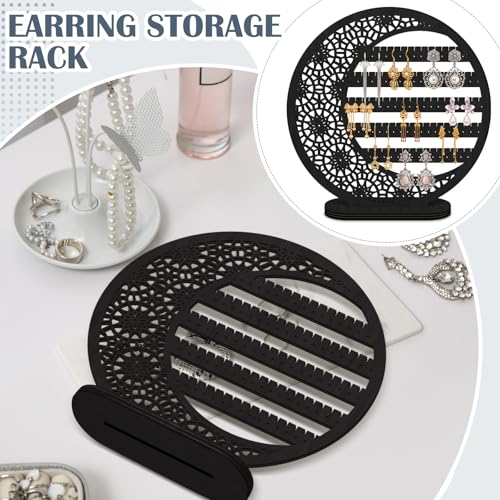 Kathfly 10-Inch Wooden Moon Earring Stand - Black Boho Jewelry Organizer