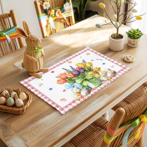 TINALIN Easter Placemats Set of 6 Spring Floral Tulips Cotton Linen