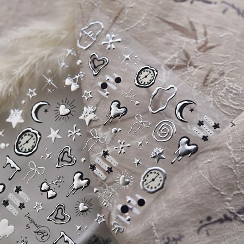 Silver 3D Embossed Self-Adhesive Heart Star Nail Art Stickers