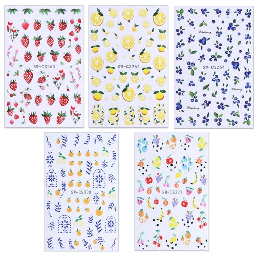 TailaiMei Fruit Nail Stickers - Self-Adhesive Fruit Nail Art Decals 5 Sheets