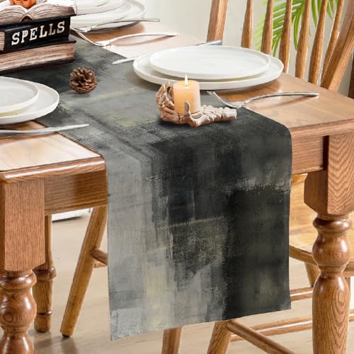 Black Grey Watercolor Table Runner 13x108 Inches - Durable Polyester Linen Blend