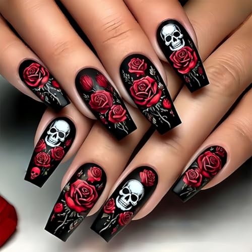Black Coffin Press on Nails with Red Rose Skull Halloween Design