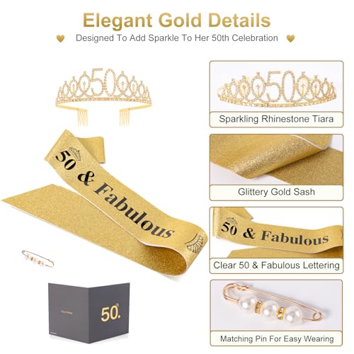 Gold 50th Birthday Decorations Set for Women | Tiara & Sash with Gift Box - SURIOO