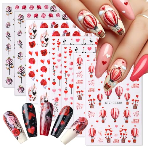 Valentine's Day Nail Art Stickers 8 Sheets 3D Heart Flowers Decals