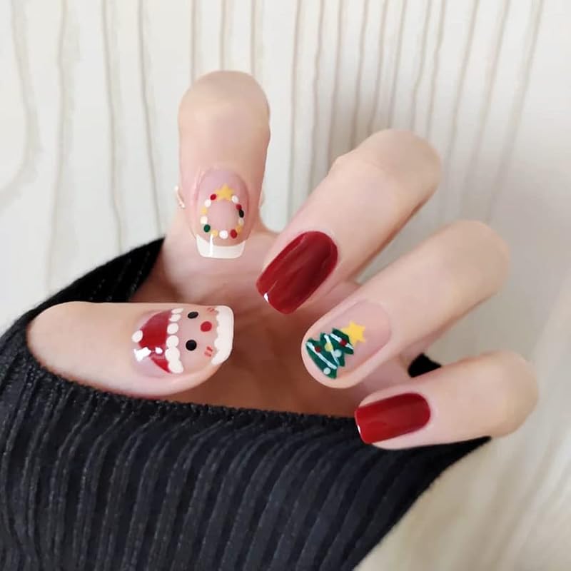LETSWIN Christmas Press on Nails Short Square Santa Claus False Nails