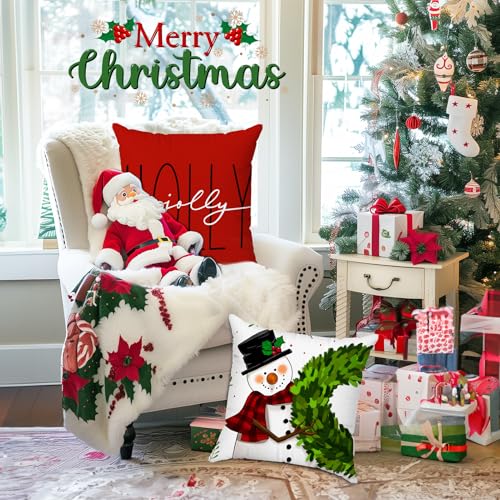 Brightown Christmas Pillow Covers 18x18 Set of 4, Red Holiday Throw Cushions