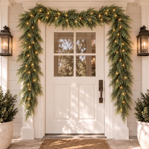 9 FT Lighted Cedar Garland with Warm White LEDs - Real Touch Artificial Greenery for Holiday Decor