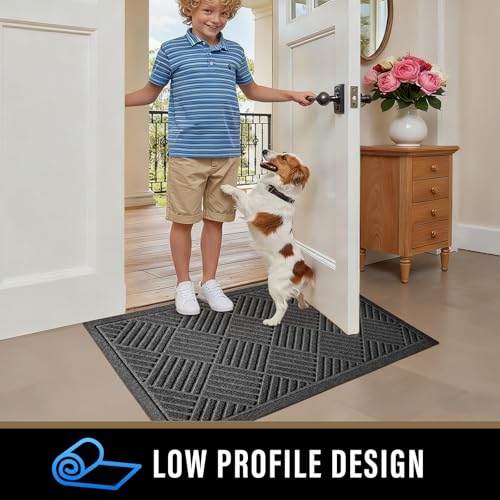 PLEASOR Grey 1.5' x 2.5' Indoor/Outdoor Front Door Mat, Dirt-Resistant Entry Rug