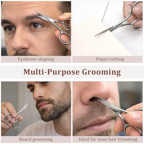 Stainless Steel Eyebrow Trimming Scissors with Case - 4.4" Small Grooming Scissors for Beard and Facial Hair