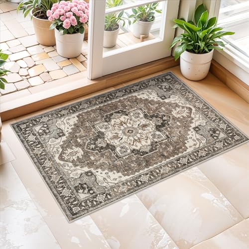 Washable Beige 2x3 Entryway Area Rug - Soft Non-Slip Mat