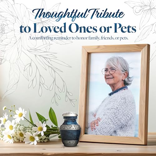 Elegant Mini Keepsake Urn for Ashes - Hand Engraved Blue Aluminum
