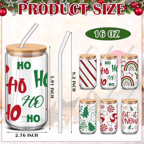 6 Pcs 16 oz Glass Cups with Bamboo Lids & Glass Straws – Candy Variation