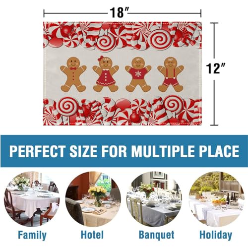 Ansouyi Christmas Gingerbread & Candy Cane Placemats Set of 6 - Heat Resistant Linen Table Mats 12x18 Inches - Gingerbread / 6PCS