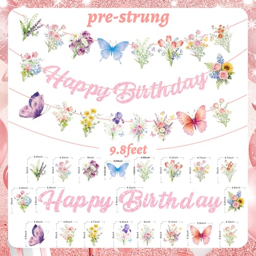 Happy Birthday Banner with Pink Glitter & Floral Accents