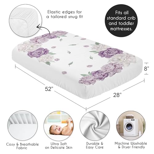 Sweet Jojo Designs Fitted Baby Crib Sheets (Boho Purple Floral) for Girls, Infant Nursery, Toddler Room - Standard Size (Photo Op, Lavender, Bohemian, Vintage, Watercolor, Shabby Chic, Farmhouse)